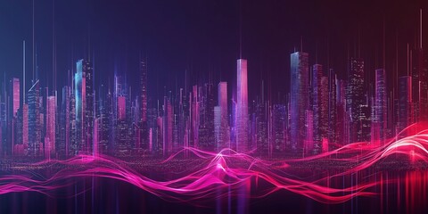 glowing data streams and digital waves in red and purple, on a dark background