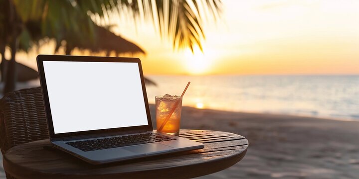 A laptop with a blank white screen on a wooden table at a beach resort - Powered by Adobe