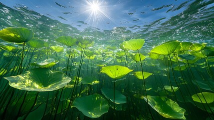 The sunlight shines on the clear water, lotus leaves are floating in the water and sunlight shines through the lotus leaves, in front of you is a vast sea full of green lotus flowers II