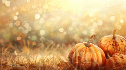 Three pumpkins with a bokeh background.