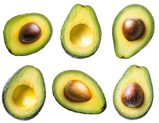 Fresh avocado halves showcasing their creamy green flesh, with and without pits. Perfect for illustrating healthy eating, nutrition, and delicious recipes.