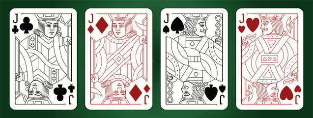 Jack playing cards set. Editable stroke. Spades Hearts Diamonds and Clubs suits. 
Vector line illustration.