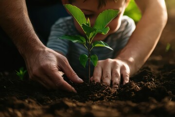 Abstract portrait of a family planting a tree together in their garden