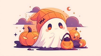 Fototapeta premium Cute ghost Holding a lantern wearing an orange wool hat and a Halloween pumpkin. 
