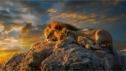 Lion family, king of the jungle, warm social animals