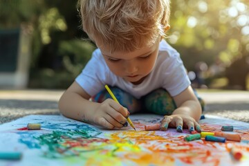 Abstract portrait of a kid drawing with colorful chalk on the pavement