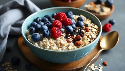 Delicious oatmeal, selection of fresh blueberries and jams, colorful and healthy breakfast.