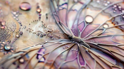 A colorful butterfly with dew drops on its wings.