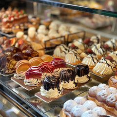 A patisserie display case with assorted petits gateaux and eclairs drizzled with glossy ganache