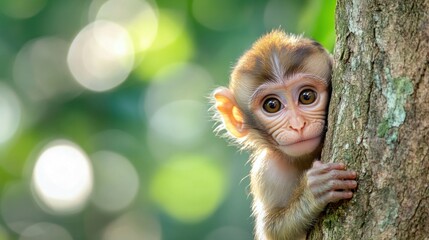 A playful monkey peeking out from behind a tree trunk with a curious expression. The background features a blurred jungle environment, providing plenty of empty space to celebrate International