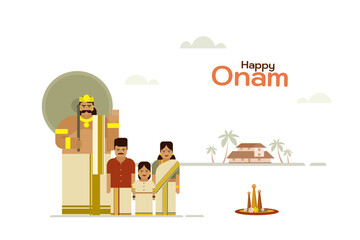 Naklejka premium Mythological king 'Mahabali' standing with a family. Concept of Onam festival in Kerala