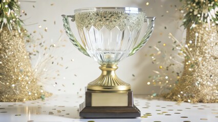 A Crystal Trophy with Gold Accents on a White Table with Confetti
