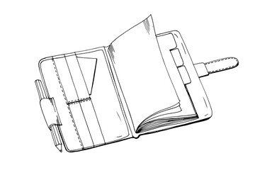 Notebook, open notepad with blank paper pages, pencil. Business planner, office diary, organizer. Outlined contoured note book, journal. Hand-drawn vector illustration isolated on white background