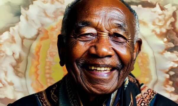 Portrait video of a happy 100-year-old elderly Indonesian man wearing a foulard against an abstract background 