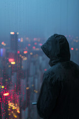 Obraz premium Hooded Figure in Rainy City Skyline at Night With Colorful Lights