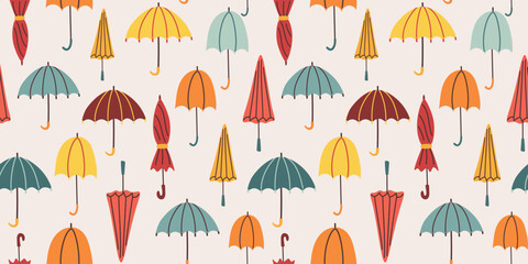 Obraz premium Autumn seamless pattern with colorful umbrellas in trendy design. Fall season vector illustration in flat style. 