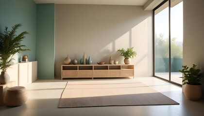 Modern beige Interior with geometrical sunlight viewv with shadows and natural decor along empty wall mockup theme