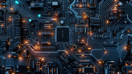 Fototapeta premium Close-up of a Circuit Board with Glowing Components.