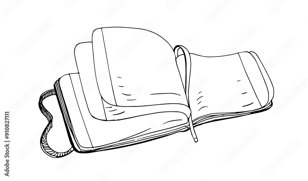 Poster open sketchbook, notebook, journal. notepad with blank paper pages, ribbon bookmark. note book, diar