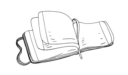 Open sketchbook, notebook, journal. Notepad with blank paper pages, ribbon bookmark. Note book, diary, sketch drawing. Outlined contoured hand-drawn vector illustration isolated on white background