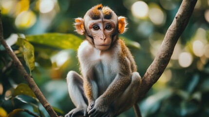 Fototapeta premium A single monkey sitting on a tree branch, looking directly at the camera. The background is a mix of blurred greenery, creating an ideal space for International Monkey Day messages.