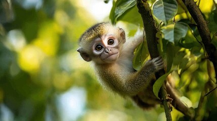 Obraz premium A monkey hanging from a vine with its tail wrapped around it, surrounded by lush foliage. The image features an open space for International Monkey Day promotion while showcasing the monkey's playful