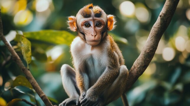 A single monkey sitting on a tree branch, looking directly at the camera. The background is a mix of blurred greenery, creating an ideal space for International Monkey Day messages.