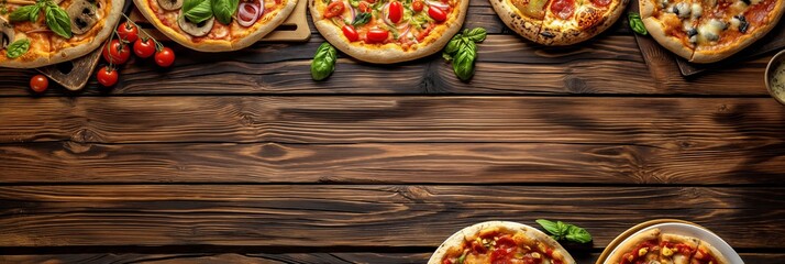 A top view shot featuring numerous types of pizzas garnished with fresh ingredients and placed on an inviting wooden table setup.