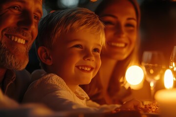 Luxury portrait of a family gathered around a festive dinner table