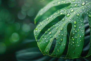 Obraz premium Close-up of a Green Monstera Leaf with Dew Drops.