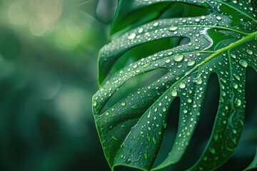 Obraz premium Closeup of a green monstera leaf with raindrops.