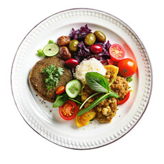 plate of food on a white surface with white background