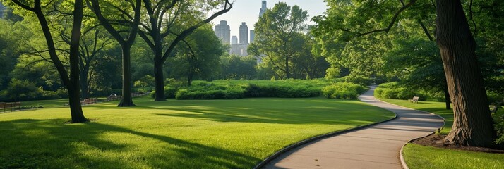 A lush green park with vibrant trees and manicured lawns, with a distant view of a city skyline creating a tranquil urban oasis.