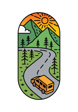 yellow van driving mountain road scene clip art preview