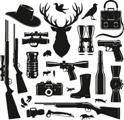 Hunting Elements Silhouette Vector Illustration On Isolated White Background