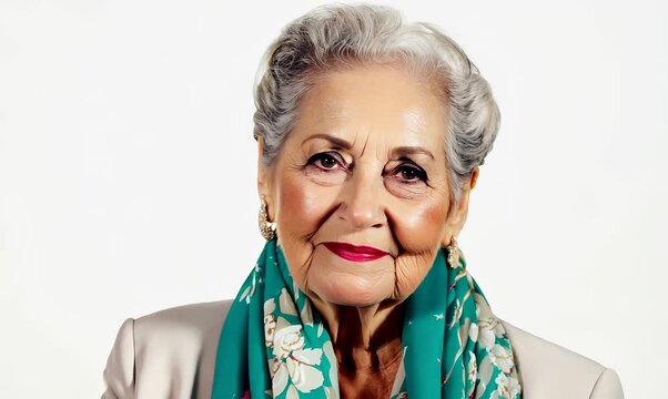 Portrait video of a French woman in her 60s wearing a foulard against a white background