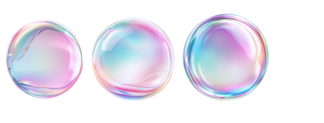  set of three circle colorful iridescent holographic elements design, isolated on white background, png
