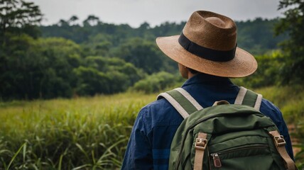 Back view traveller with hat and backpack