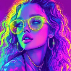 Close Up Young influencer Beautiful Brunette Woman Face Character. pink, blue and yellow vibrant neon colors Illustration Digital. Generative ai