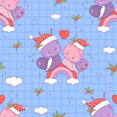 Seamless pattern with Christmas snail girl and boy in Santa hat on rainbow. Holiday happy cartoon kawaii insect on blue checkered background with holly. Vector illustration. New Year backdrop