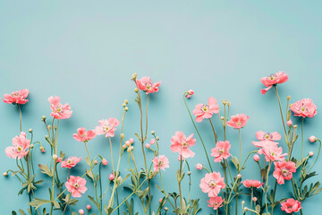 Flat lay creative illustration concept of fresh field Spring flowers on pastel blue background..