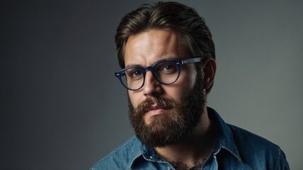 Bearded man in denim shirt and round glasses