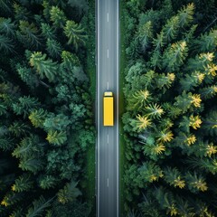A yellow truck is driving down a road surrounded by pine trees. The scene gives off a sense of adventure and exploration. Expedition concept