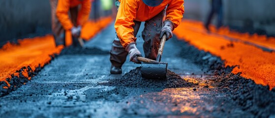 asphalt pavement workers working on asphalt road