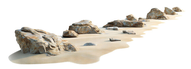 Natural rock formation along sandy beach under bright daylight, cut out