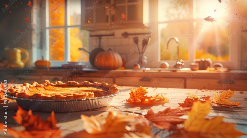 Wall mural Pumpkin pie on a wooden table with autumn leaves.