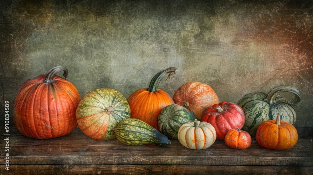 Poster Assorted Pumpkins On Wooden Table.