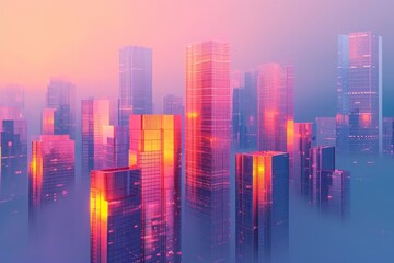 A dense fog envelops a cluster of towering buildings, creating a mysterious atmosphere in the city, Skyscrapers constructed from translucent materials, glowing gently in the dusk, AI Generated