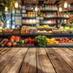 Empty wooden table with blurred fresh vegetables shop background. Groceries product display