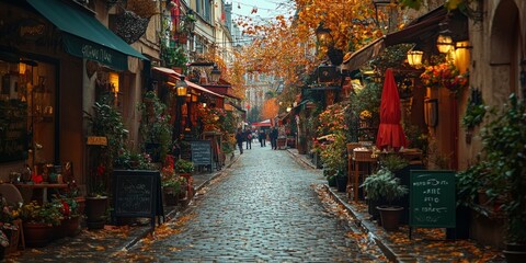 Naklejka premium Enchanting Parisian Streetscape: Stylish Woman Strolls Cobblestone Alley Amidst Historic Architecture, Capturing Timeless French Elegance and Urban Charm in High-Resolution Detail
